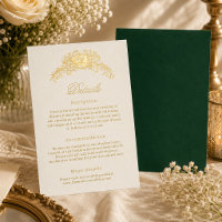 Ivory Emerald Green Regency Wedding Details Card