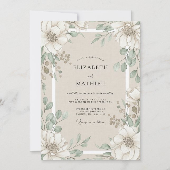 Ivory Eucalyptus Magnolia Wedding Invitation (Front)