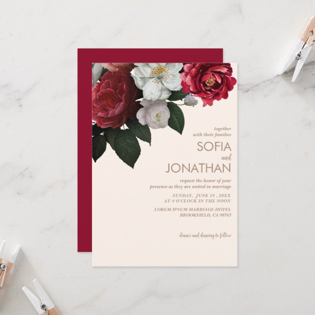 Ivory Fall Maroon  Floral Wedding Invitation (Front/Back In Situ)