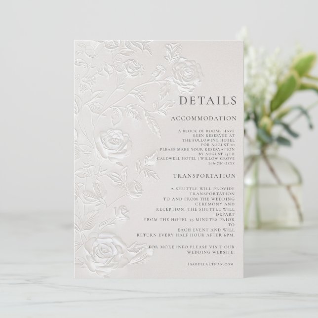 Ivory Faux Blind Embossed Arch Wedding Details Invitation (Standing Front)