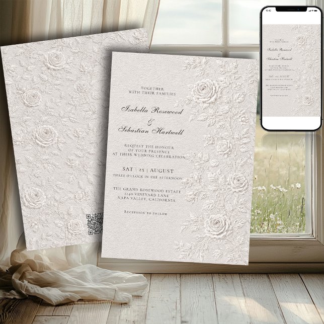 Ivory Faux Blind Embossed Rose Wedding QR Code Invitation (Creator Uploaded)