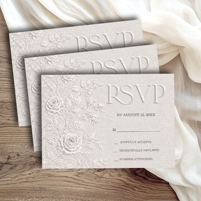 Ivory Faux Blind Embossed Rose Wedding RSVP Card (Creator Uploaded)