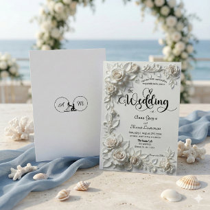 Ivory Faux Plaster Relief Roses Formal Wedding  Invitation