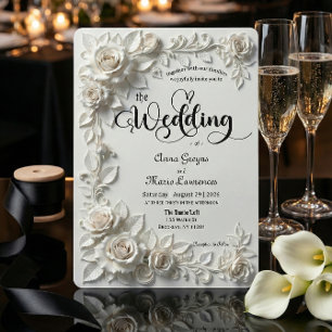 Ivory Faux Plaster Relief Roses Formal Wedding  Invitation