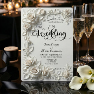 Ivory Faux Plaster Relief Roses Formal Wedding  Invitation