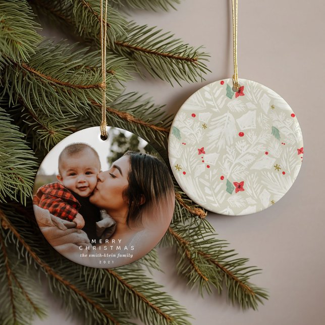 Ivory Festive Botanical Photo Ceramic Tree Decoration (Ivory festive botanical watercolor ornament featuring personalized names and photo.)