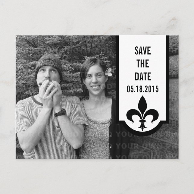 Ivory Fleur De Lis Banner Save the Date Postcard (Front)