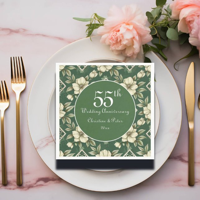 Ivory Floral and Emerald Wedding Anniversary Napkin (Creator Uploaded)