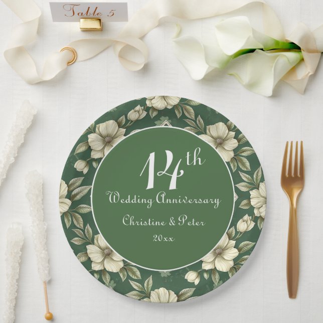 Ivory Floral and Emerald Wedding Anniversary Paper Plate (Wedding)