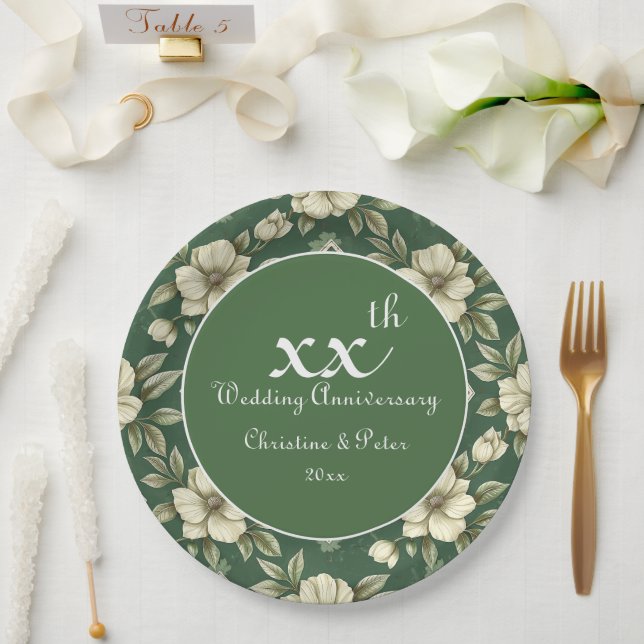 Ivory Floral and Emerald Wedding Anniversary Paper Plate (Wedding)