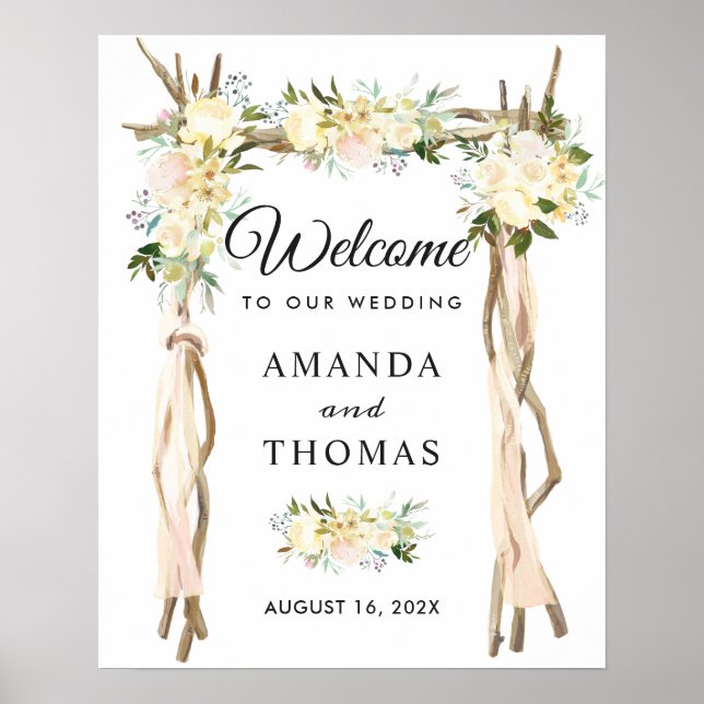 Ivory Floral Arbor Wedding Welcome Sign (Front)