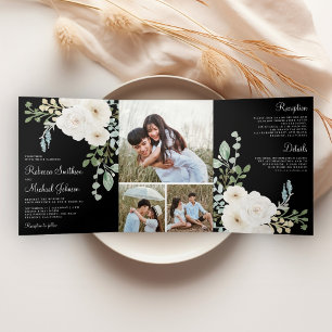 Ivory Floral Black Photo Collage Wedding Tri-Fold Invitation