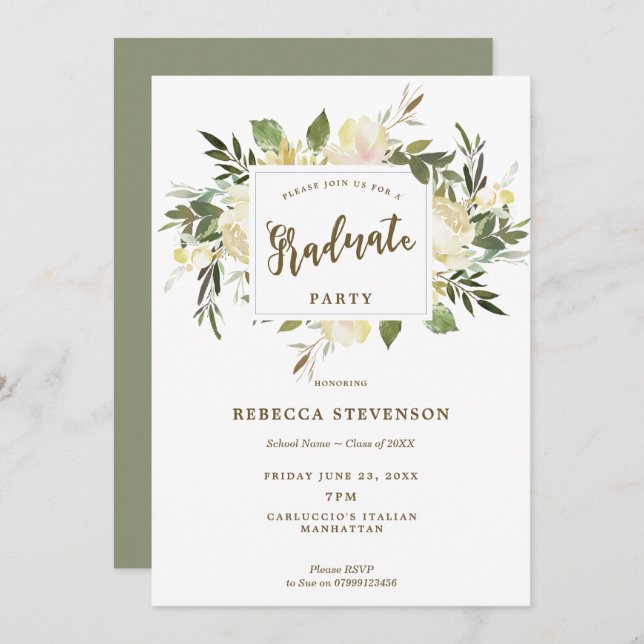 ivory floral boho graduation party invitation (Front/Back)