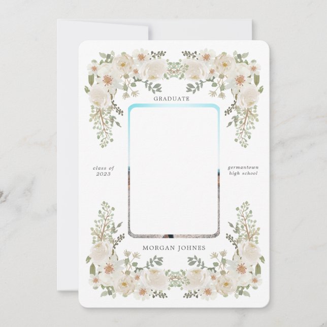 Ivory floral border photo graduation announcement (Front)