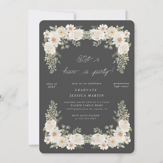 Ivory floral border photo graduation party invite (Front)