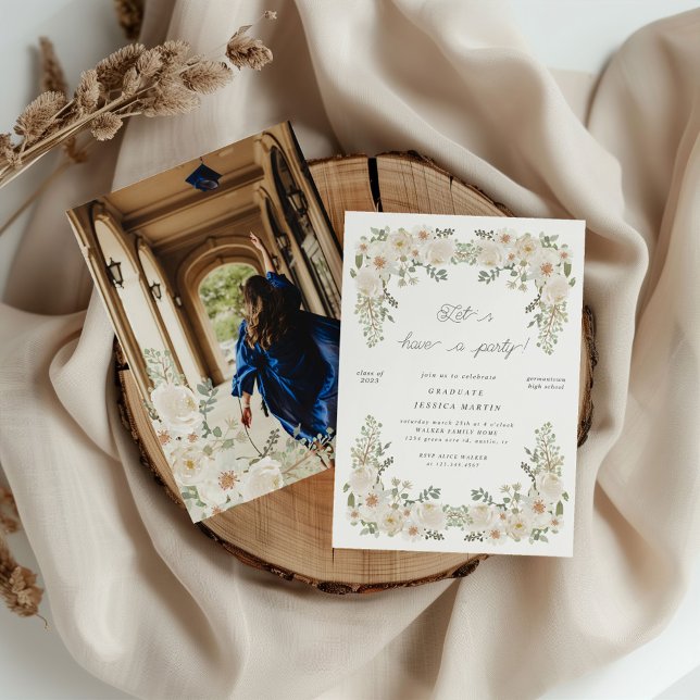 Ivory Floral Border Photo Graduation Party Invite (Creator Uploaded)