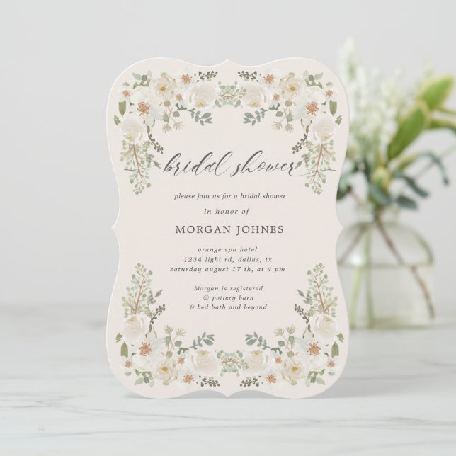 Ivory floral bridal shower invitation (Standing Front)
