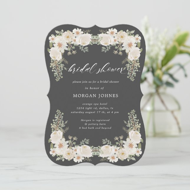 Ivory floral bridal shower invitation (Standing Front)