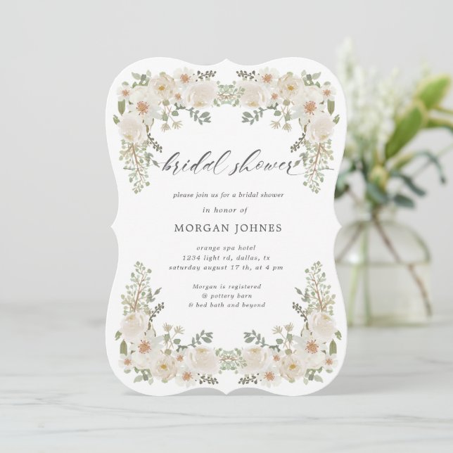 Ivory floral bridal shower invitation (Standing Front)