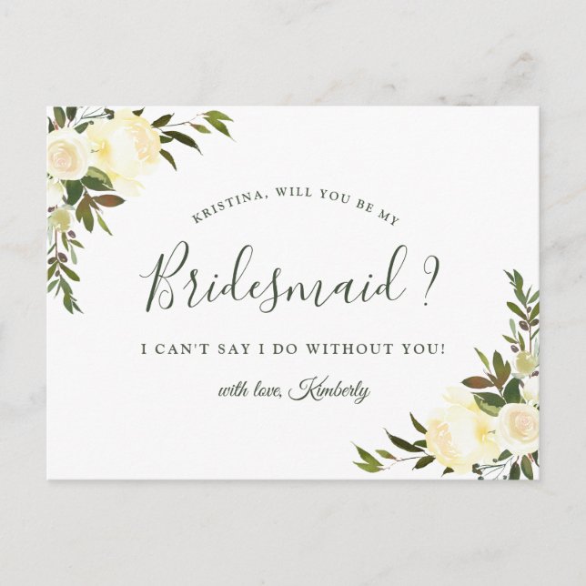 Ivory Floral Bridesmaid Proposal Postcard (Front)