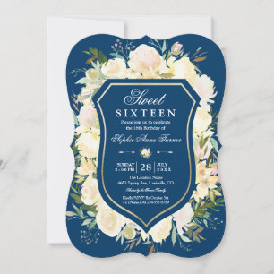 Ivory Floral Crest Navy Blue Sweet Sixteen Invitation