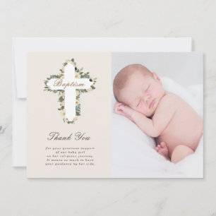 Ivory Floral Cross Baptism Photo Thank You Card