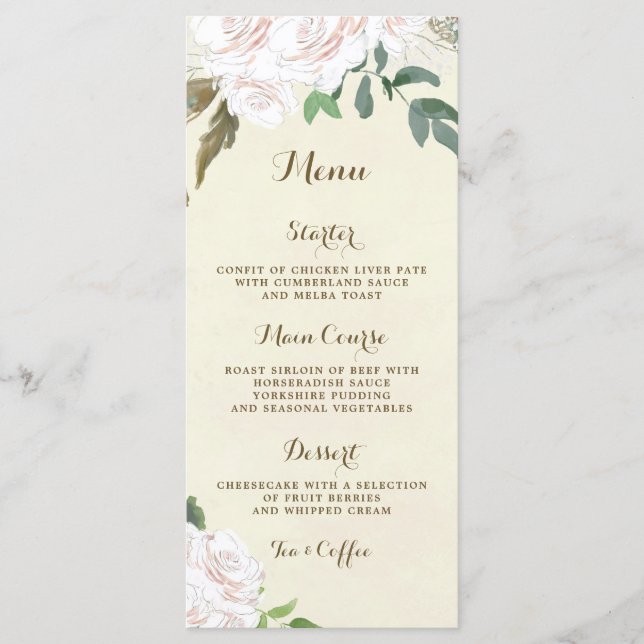 ivory floral elegant wedding menu cards (Front)