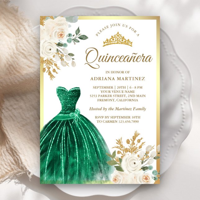 Ivory Floral Emerald Green Gown Gold Quinceanera Invitation (Creator Uploaded)