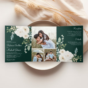 Ivory Floral Emerald Green Photo Collage Wedding Tri-Fold Invitation