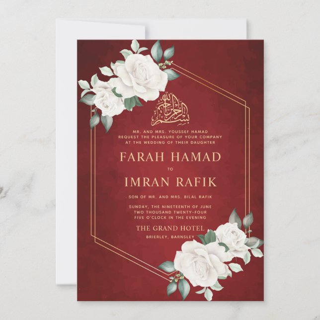 Ivory Floral Frame Red Islamic Muslim Wedding Invitation (Front)