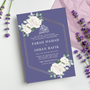 Ivory Floral Frame Violet Islamic Muslim Wedding Invitation