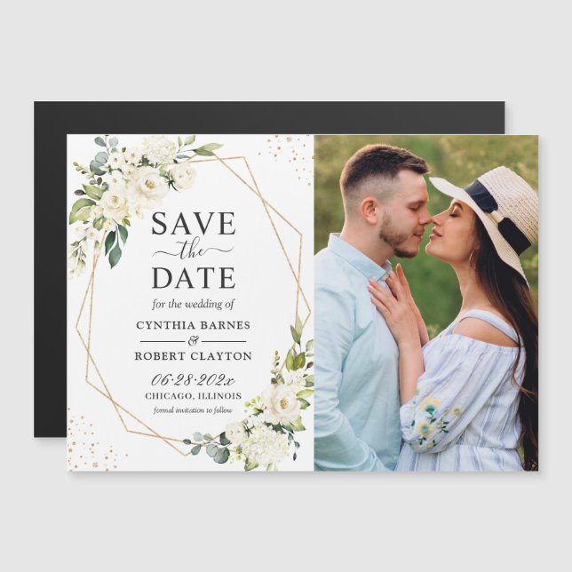 Ivory Floral Geometric Photo Save the Date Magnet (Front/Back)