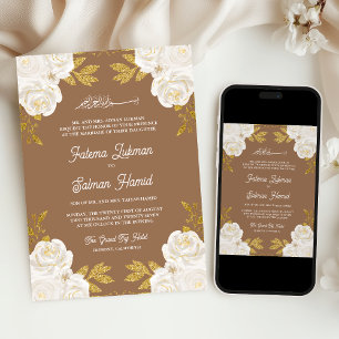  Ivory Floral Gold Beige Muslim Wedding Invitation