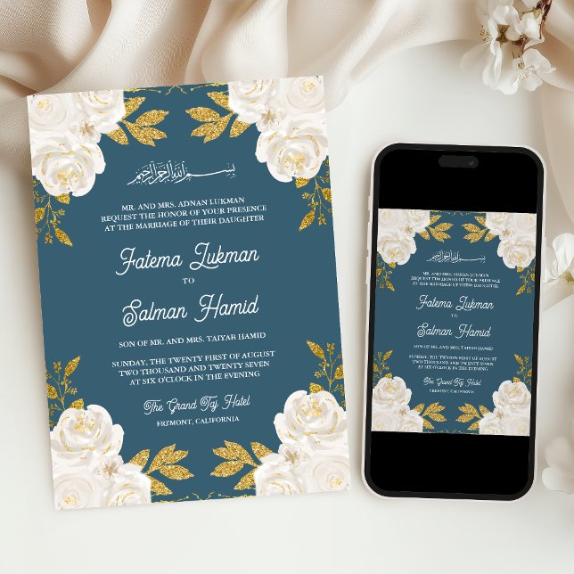 Ivory Floral Gold Dusty Blue Muslim Wedding Invitation (Creator Uploaded)