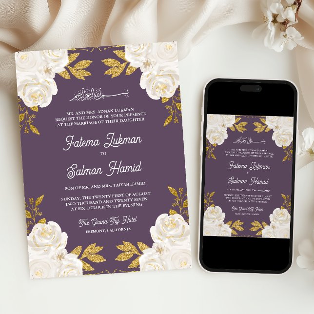  Ivory Floral Gold Dusty Purple Muslim Wedding Invitation (Creator Uploaded)