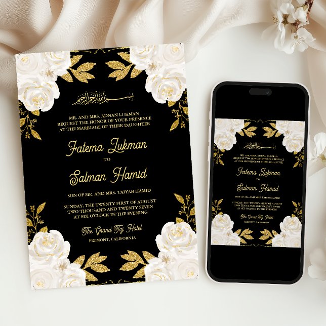  Ivory Floral Gold Glitter Black Muslim Wedding Invitation (Creator Uploaded)