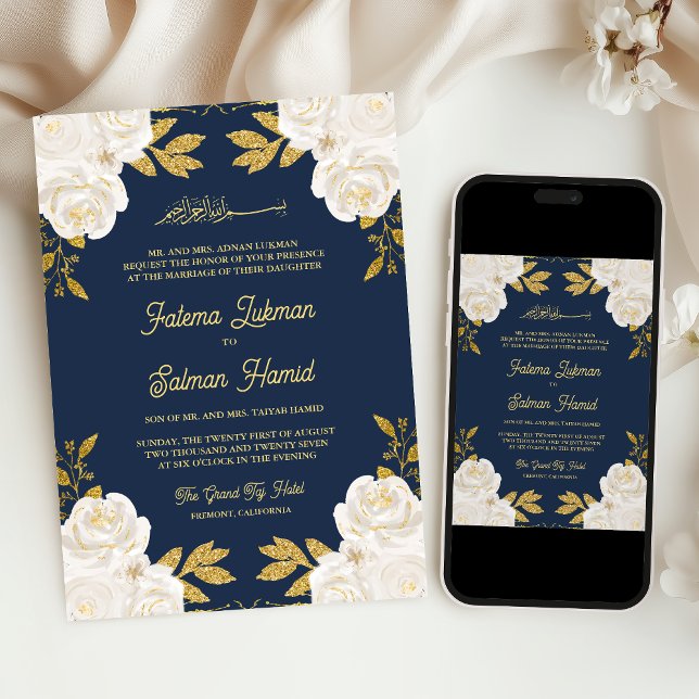  Ivory Floral Gold Navy Blue Muslim Wedding Invitation (Creator Uploaded)