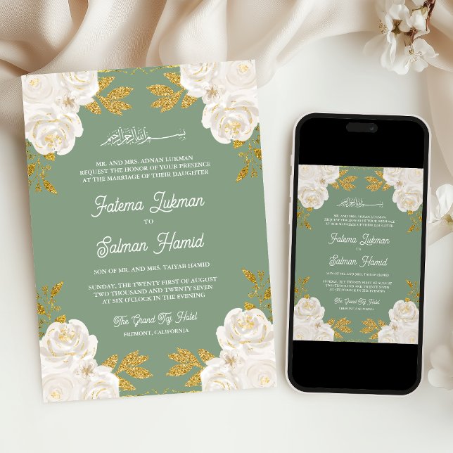  Ivory Floral Gold Sage Green Muslim Wedding Invitation (Creator Uploaded)