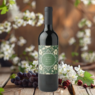 Ivory Floral Green Emerald Bridal Shower Wine Label