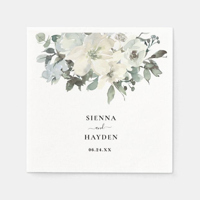 Ivory Floral Greenery Personalised Elegant Wedding Napkin (Front)