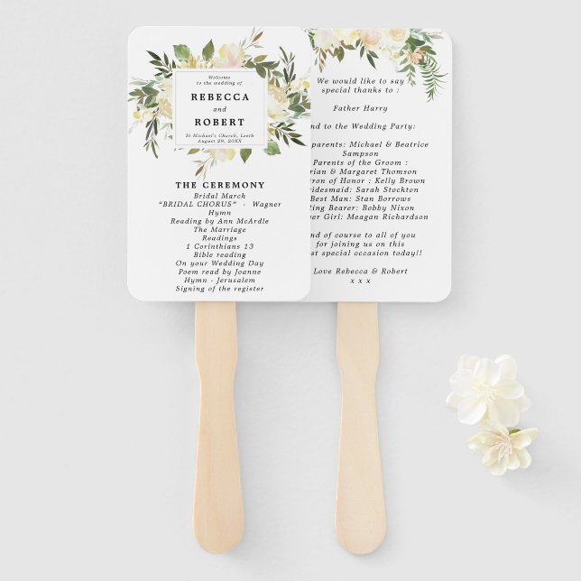 ivory floral greenery wedding program fans (Front and Back)