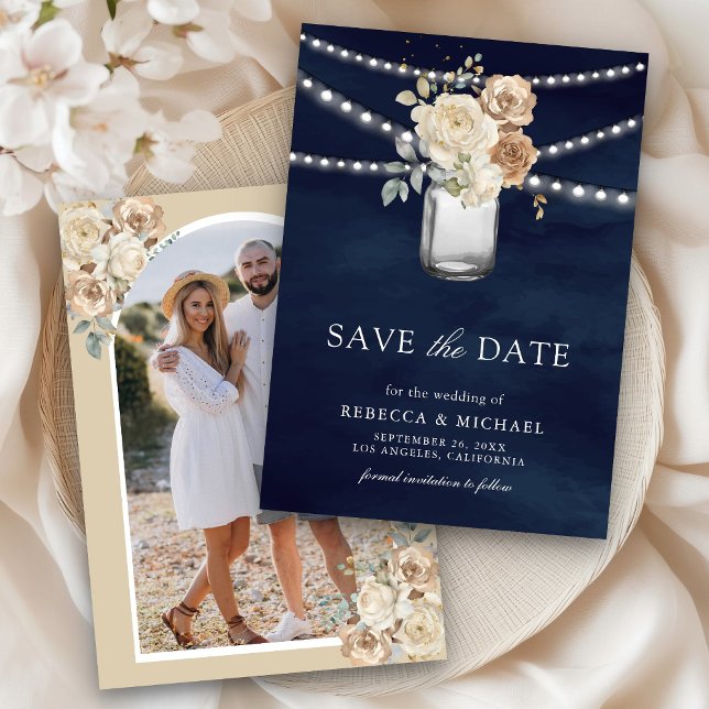 Ivory Floral Mason Jar Photo Navy Blue Wedding Save The Date (Creator Uploaded)