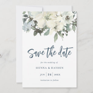 Ivory Floral Navy Blue Save The Date Card