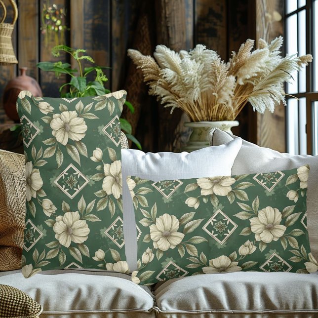 Ivory Floral on Emerald Background Lumbar Cushion (Creator Uploaded)