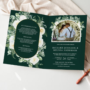 Ivory Floral Photo Emerald Green QR Code Wedding Invitation