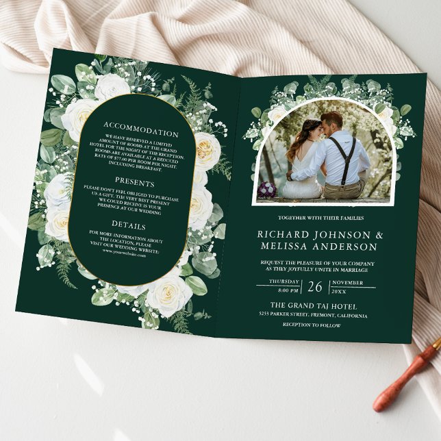 Ivory Floral Photo Emerald Green QR Code Wedding Invitation (Creator Uploaded)