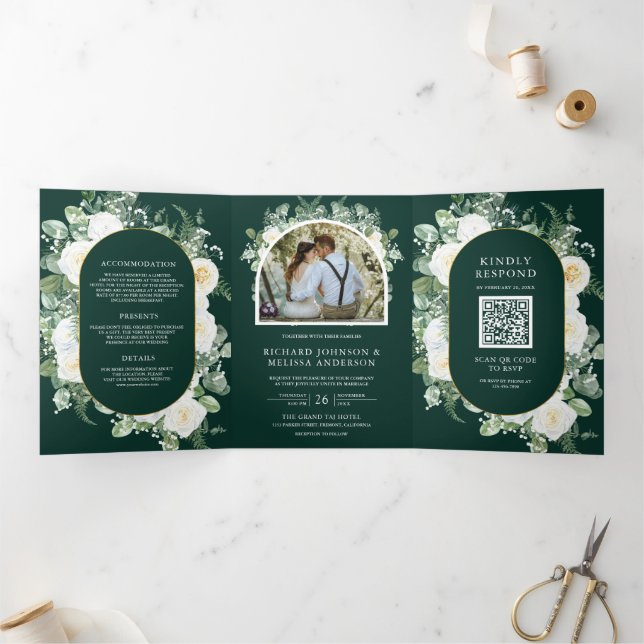 Ivory Floral Photo Emerald Green QR Code Wedding Tri-Fold Invitation (Inside)