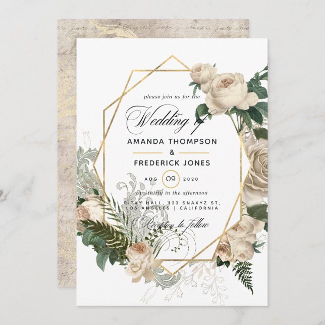 Ivory Floral Polygonal Rustic Wedding Invitation (Front/Back)