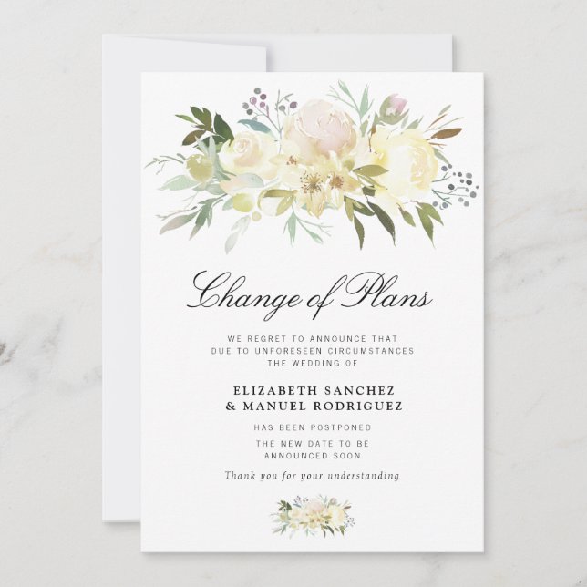 ivory floral postponed wedding card (Front)