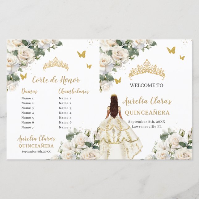 Ivory Floral Quinceanera Order of Events Program (Front)